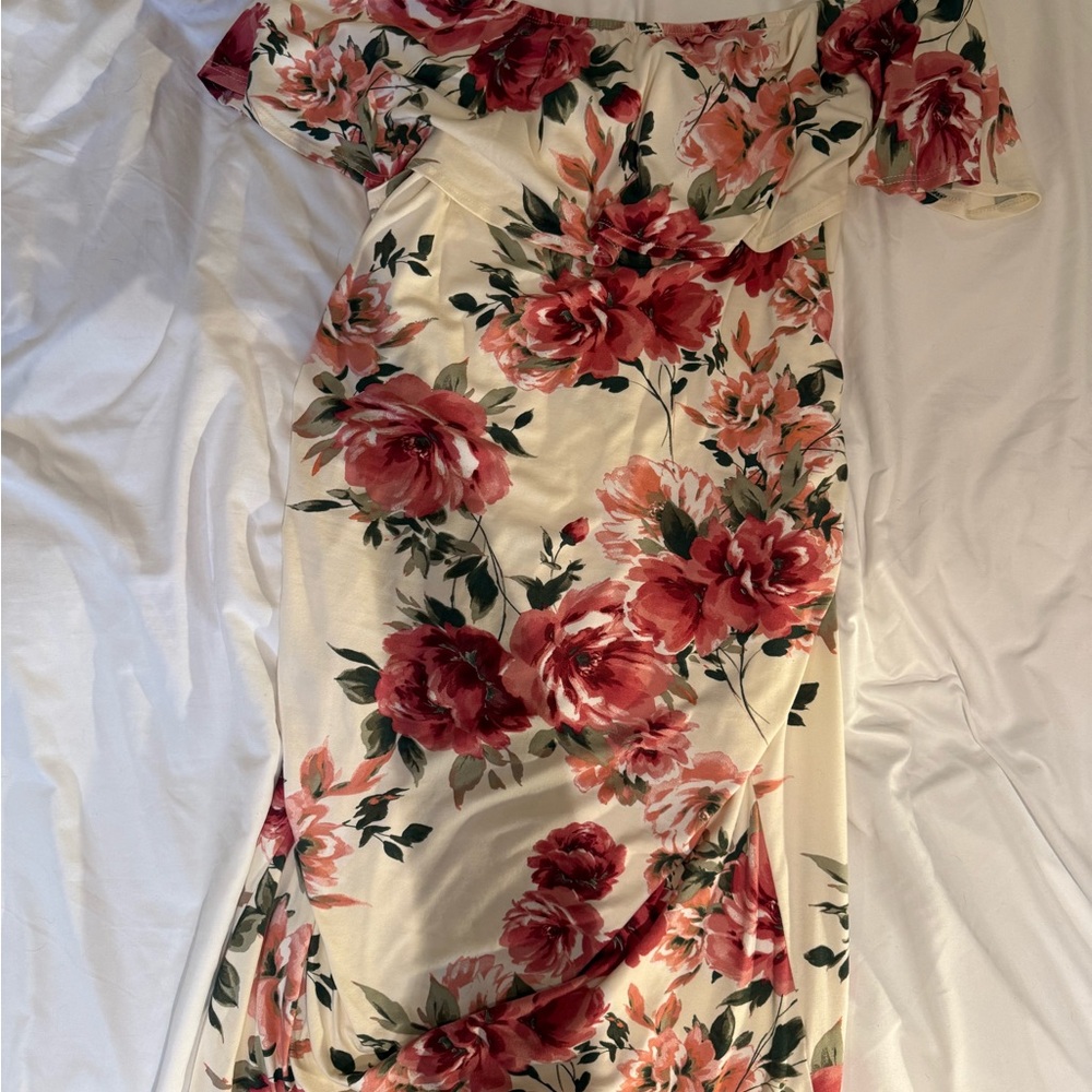 Hello MIZ XL Off Shoulder Floral Dress - Cream and Pink
